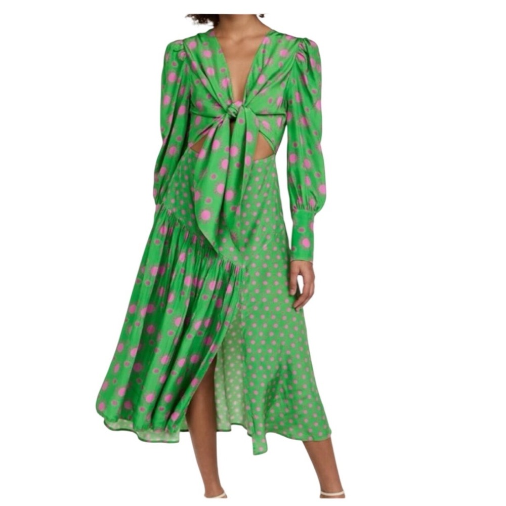 CeliaB glam maxi dress XS Sunburst Polka Dot Tie Front Cutout Spain bright